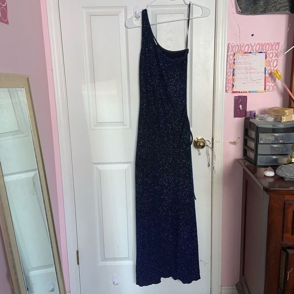 Elegant One Shoulder Long Blue Dress - Picture 4 of 16